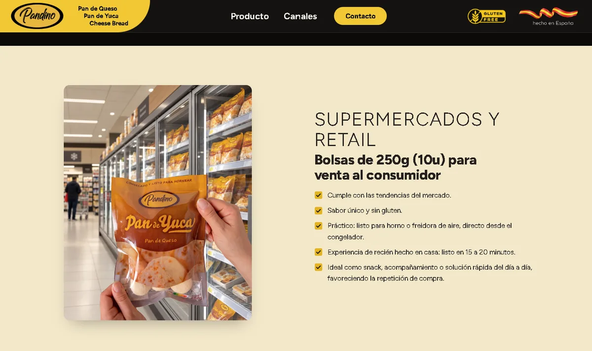 Sitio web de Pandino.es mostrando su sección de producto para retail.